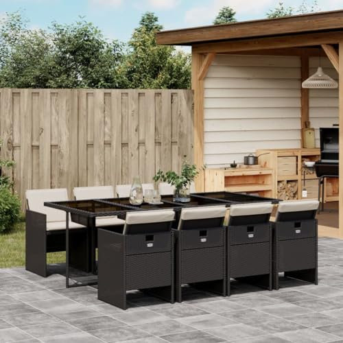 Somanki 9-TLG. Garten-Essgruppe mit Kissen Schwarz Poly Rattan, Esstisch Mit Stühlen Set, Gartenmöbel Sitzgruppe, Balkon Möbel, Gartenlounge Set, Terrassenmöbel, Balkonmöbel Set - 3210558