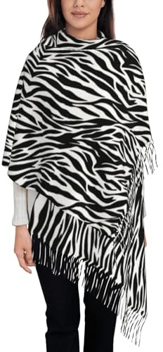 JEKYDOSD Pashmina-Schal für Damen, Zebra-Druck, Quaste, weicher Kaschmir-Schal, Schwarz, Einheitsgröße