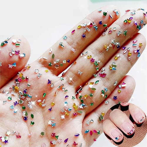 BelleVive Lot de 2 000 dijes de strass multicolores para arte de uñas, varias formas, strass con base plana, mini corazón, estrella, flor, diamantes para uñas