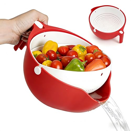 Rotatable Colander with Wash Bowl for Fruits and Vegetables Double Layer Colander with Handle Drain Strainer with Bowl - Pasta Spaghetti Noodles Fruit Vegetables Plastic Sieves and Strainers (Red)
