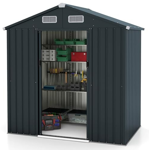 GYMAX Casetta da Giardino, Grande Ripostiglio Multifunzionale con Porte Scorrevoli e Ventilazione, Design con Tetto Inclinato, Struttura Robusta, Casetta in Metallo per Giardino, Cortile, Patio