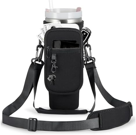 Guyode Porta Bottiglie Acqua con Scomparto per Cellulare, Borsa per Borraccia con Tracolla Regolabile, Borsa Tracolla Porta Bottiglia Custodia Borraccia, Termica per Bottiglie Portatile (Nero)