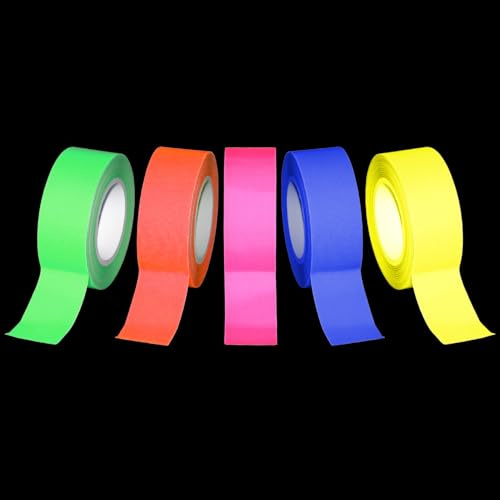 QWORK® 25 mm x 10 m Neon Tape 5er Set - Fluoreszierendes Gewebeband, UV-aktiv, reißfest, leicht ablösbar - 5 Farben