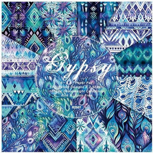 ZAKHSE Motivpapier zum Basteln, 48 Blatt Designpapier Einseitig Bedruckt, 15,2x15,2cm Zigeunermuster Bastelpapier 160gsm Blau Säurefrei Scrapbook Papier für DIY Karten Gestalten-12 Designs