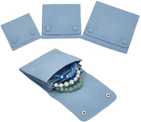 arricraft 3 pz Rotoli di Microfibra Blu per Gioielli Borse, 3 misure Borsa Da Viaggio Portatile Quadrata per Orologi Da Polso con Bottone Automatico per Orologi e Gioielli