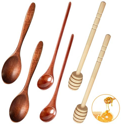 KASURE 6 Piezas Cuchara de Madera y Palo para Miel, Cucharas de Miel de Madera, Agitadores y Cucharas Pequeñas para Mermelada, Levantar Miel, Té, Chocolate Caliente