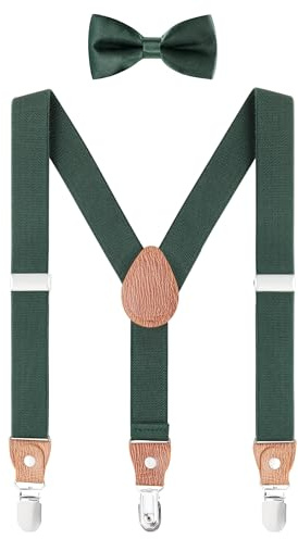 WANYING Unisex småbarn barn hängslen flugset – Y form 3 klämmor bredd 2,5 cm elastiska hängslen & fluga för 3–8 år gammal – mörkgrön, Enfärgad mörkgrön - med fluga, 2-8 År