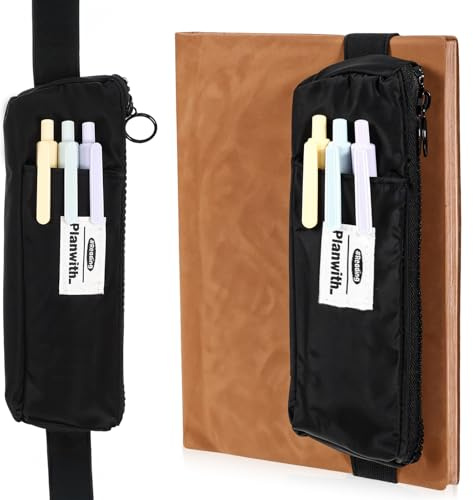 EupHHonycs Portalápices negro para cuaderno, soporte elástico para bolígrafos con banda elástica ajustable desmontable, estuche delgado para lápices