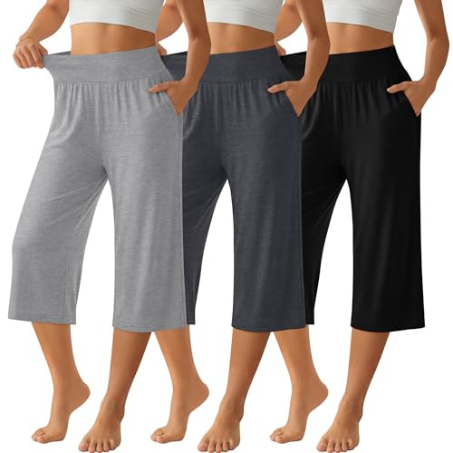 Neer Paquete de 3 Pantalones Capri de Mujer de Pierna Ancha y Cintura Alta, Estilo Cropped, Casuales y con Bolsillo.(XL,Negro, Gris Oscuro, Gris Claro)