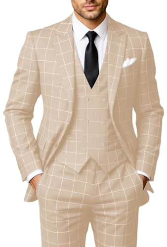 Solovedress Suits for Men, 3-Piece Classic Checked Men's Suit, Jacket, Trousers, Vest for Weddings and Business
