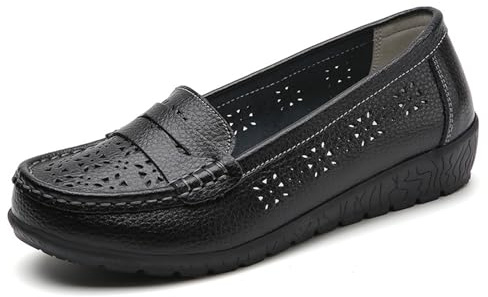 FGRID Negro,39, Mocasines ortopédicos de cuña Baja para Mujer, Informales Suaves Transpirables Planos de Cuero sin Cordones para Exteriores para el Trabajo y la enfermería