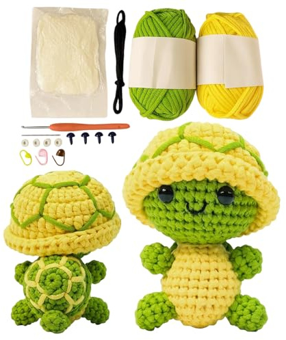 ZexJpr Häkelset, Häkelset für Anfänger, Crochet Set mit gelber Mütze und grüner Schildkröte, Häkel Kit für Anfänger, DIY Handarbeit für Familie und Geschenke