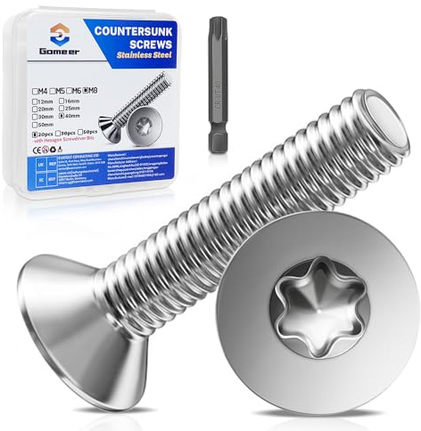 Gomeer 20 Stück M8 x 40 mm Senkkopfschrauben Torx Innensechskant aus A2 V2A Edelstahl Schrauben mit Torx Schlüssel Sechskant Schrauberkopf Norm ISO 14581 / DIN 965,für Maschinen, Möbel,Reparaturen