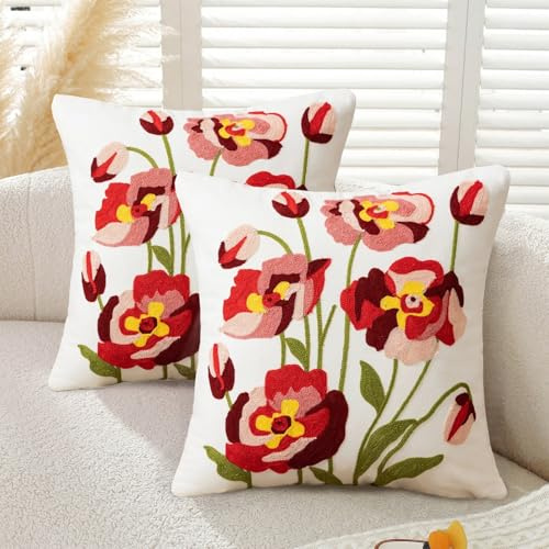 Gemdoit Pack of 2 Embroidered Flower Cushion Covers 45 x 45 cm, Embroidered Floral Decorative Pillow Covers for Home Living Room, Couch, Bed and Sofa Decor (Pattern F)