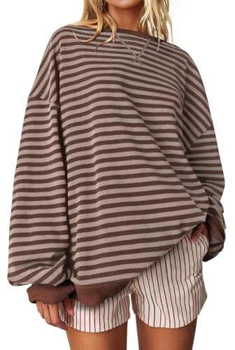 UEU Women Oversized Striped Crewneck Sweatshirt Long Sleeve Color Block Pullover Tops Casual Loose Workout Shirt, Brown Coffee Stripe, Medium