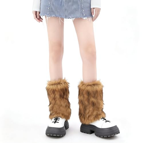 XEPST Scaldamuscoli in Pelliccia da Donna, Peloso Scaldamuscoli, Finta Pelliccia Morbida Boot Covers per Donne, Marrone, 25 cm