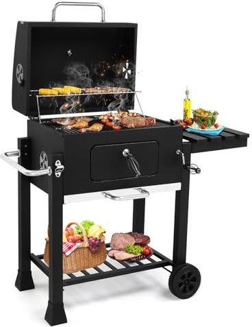 Bonnlo Portable Charcoal Barbecue BBQ Grill, Built-in Thermometer with Adjustable Charcoal Dual Height Trays, Folding Side Table with Wheels - BBQ Smoker for Home Outdoor Garden Cooking