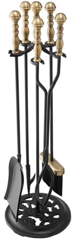VEVOR Fireplace Tool Set, 5 PCS Fire Tool Set and Holder with Five-Prong Stand, Tongs, Ash Shovel, Brush, Fire Place Poker, Wrought Iron Fireplace Accessories for Indoor/Outdoor, Black & Brass