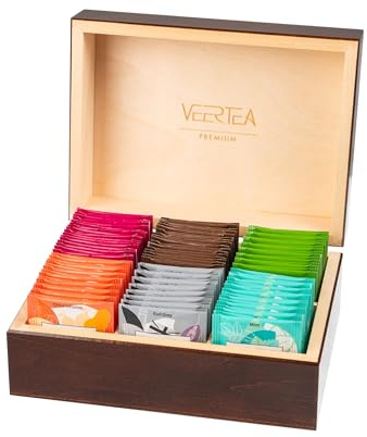 Veertea Tee - Teebox - Tee Geschenkset - Tea Set - Sorgfältig Ausgewählte Sorten - Teebox Holz - Teemischung - 6 Geschmacksorten, 90 Beutel - Box 26x17x11cm - Braun