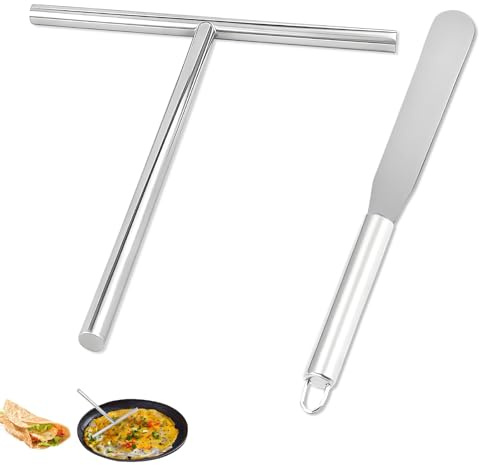 2 PCS Crepe Spreader and Spatula Kit, 19-32 Cm Batter Spreaders T-Shaped Stainless Steel Pancake Tools Cooking Crepe Maker Tools for Home Kitchen Cooking Baking Tool
