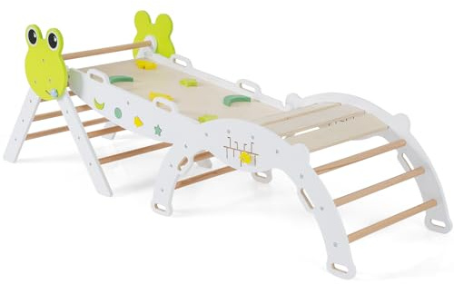 DREAMADE 7 en 1 Triangle Arche d'escalade Montessori en Bois Hêtre, Jeux d'escalade Pliable pour Enfants, Parcours Motricité Bébé avec Rampe & Échelle, Charge Max. 50kg (Grenouille,Blanc)