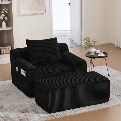 HAUSPROFI Übergroßer Schlafsofa aus Cord 1-Sitzer | Schlafsessel mit Fußstütze & Seitentaschen | Moderner Chaiselongue Sofa kein Aufbau | Relaxsessel für Wohnzimmer, Büro oder Apartment | Schwarz