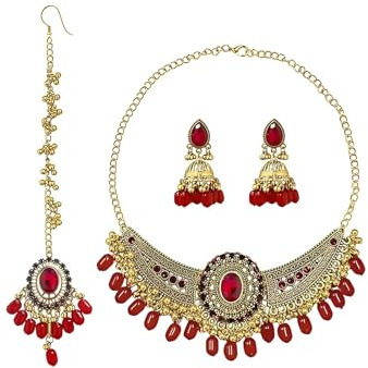 IMINI Set di gioielli tradizionali Kundan, collana, orecchini Jhumka e Maang Tikka, accessori da sposa e matrimonio per donne, feste etniche e festival, Medium, Metallo, Zirconia cubica