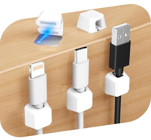 Viaky Magnetic Cable Holder, 5 PCS Silicone Cable Management, Small 6mm Size, Desk Cable Organiser with Self-Adhesive Metal Plates for Desktop, Nightstand, Car, Office (White)