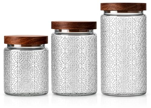 3PCS Glass Storage Jars Set with Airtight Wooden Lids, Nordic Vintage Floral Design Canisters, Thickened Clear Glass Containers for Kitchen Pantry Snacks, Coffee, Sugar & Home Storage (Pattern 3)