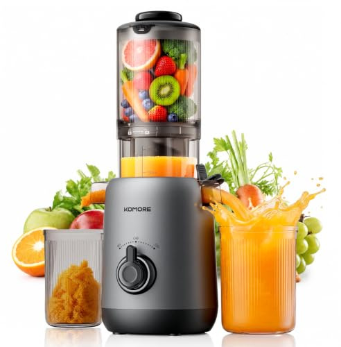 KOMORE Máquinas exprimidoras, canal de 110 mm de ancho para frutas y verduras enteras, exprimidor de prensa en frío fácil de limpiar con 2 tazas, color gris