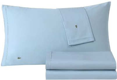 Lacoste 100% Cotton Percale 4-Piece Sheet Set – Cool, Crisp, Matte, and Durable, Oeko-Tex Certified – Solid, Allure Blue, Queen