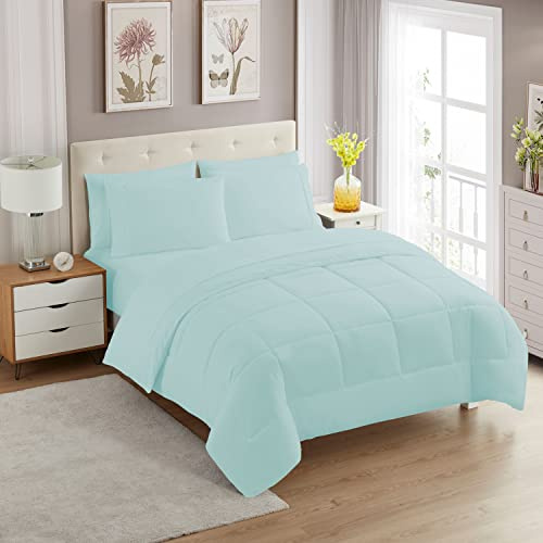 King Size Comforter Set with Sheets - 7-Piece Bedding Collection - 1 Comforter, 1 Fitted Sheet, 1 Flat, 4 Pillowcases - Deep Pocket - Soft & Breathable Premium Quality - Ideal for All Seasons, Aqua