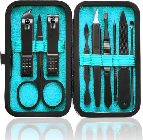 HANTEKAS Maniküre-Set, 9-in-1, Edelstahl, Nagelknipser, Schere, Pediküre-Werkzeug-Set, tragbares Reise-Pflege-Set für Männer und Frauen, mit schwarz/blauer Ledertasche (blau)