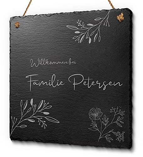 Schiefer Türschilder für die Haustür mit Gravur - Schieferschild mit Kordel zum Aufhängen in ca. 20x20cm - Gravierte Namensschilder Familienschild mit Namen oder mit Text Herzlich Willkommen