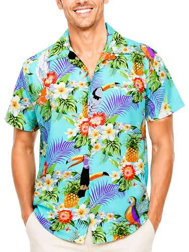 King Kameha Funky Camisa-Hawaiana, Manga-Corta, Parrot-Cockatoo, Azul-Claro, XS
