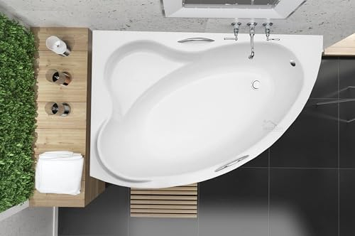 ECOLAM® Badewanne Eckbadewanne Acryl Ada weiß 160x100 cm LINKS + 2 x Handgriff + Ablaufgarnitur Ab- und Überlauf Automatik Füße Silikon Komplett-Set