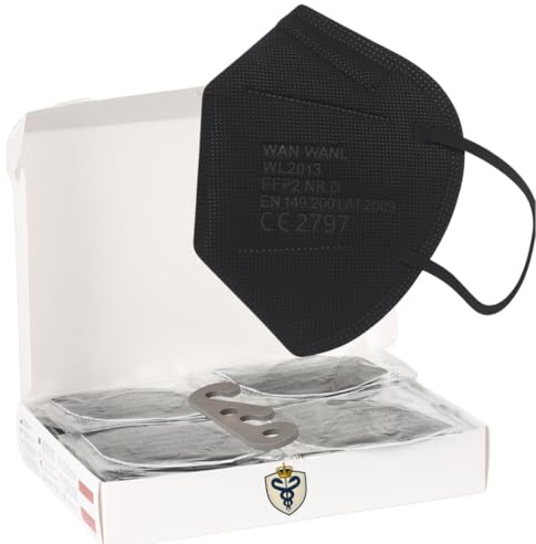SS-Medical 50 Mascherine FFP2 Nere Certificate CE 2797 – 5 Strati, Filtrazione ≥99,5% – Anallergiche, Comode, Prive di Odore – Mascherina Nera Ultra Confortevole Confezionate Singolarmente