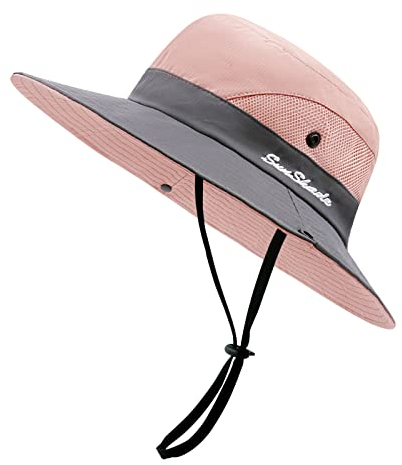 SEYUFN Damen Sonnenhut Outdoor Sommer Wanderhut Damen UV-Schutz Bucket Cap Faltbar Mesh Pferdeschwanz Breite Krempe Zum Safari Angeln (A-Grau-Rosa)