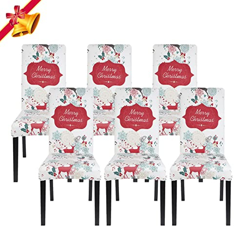 Jaotto Stuhlhussen Universal, Stuhlhusse Stretch Moderne, Schwingstühle Elastische Langlebig für Feiertagsdekoration Weihnachten (Sahne/Xmas, 6 Stück)