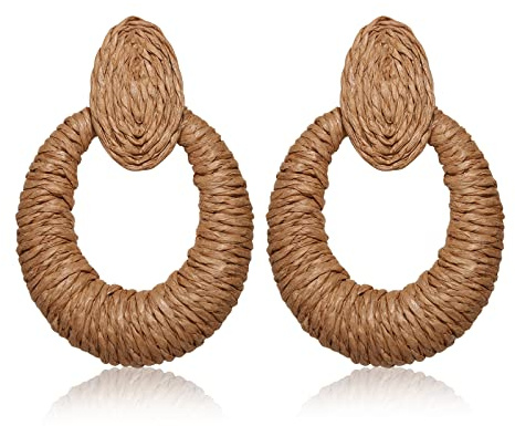 Rattan Earrings for Women Raffia Hoop Earrings Handmade Boho Raffia Dangle Earrings Straw Wicker Braid Hoop Earrings Bohemian Summer Costume Jewelry Gifts for Women Brown
