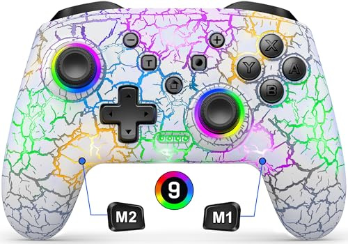 Gammeefy Switch Controller, Wireless Switch Pro Controller for Nintendo Switch/Lite/OLED, 9 Color Adjustable LED Switch Remote Compatible with PC/Android/IOS with Programmable Function (White)
