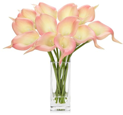 12 pcs Künstliche Blumen Calla Lilie mit Glasvase, Decor Kunstblumen sehr echt, Plastikblumen Calla PU Latex real Touch, Calla Gefälschte Blumen Rosa für Hochzeits Party Wohnzimmer Büro Hotel Küche