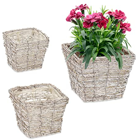 Relaxdays Blumentopf, 3er Set, Rattan, Pflanzentöpfe mit Folie, 3 Größen, quadratische Pflanzkörbe für innen, weiß/Natur