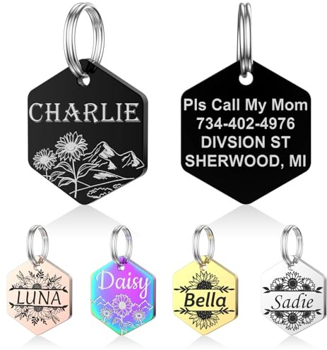 YEHANTI Hundemarke mit Gravur - Hundemarke Personalisiert mit Name, Telefonnummer und Adresse, Edelstahl Namensschild für Halsband, Anhänger Marke für Hunde, Katzen und Welpen (Hexagon - Sonnenblume)