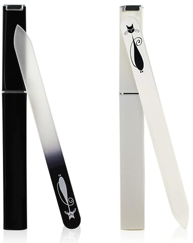IOPJLK Nagelfeile, 2 Stück Wiederverwendbare Glasnagelfeile, Fein Polierte Nagelfeilen Naturnägel und Gelnägel, Schwarz und Weiss Nail File mit Etui, für Professionelle Salon und Pflege zu Hause