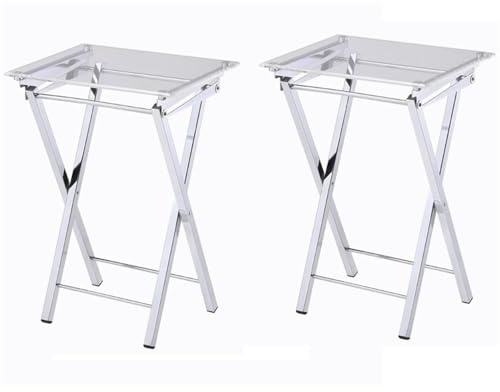 Pemberly Row Folding Tray Tables, Acrylic and Metal, Chrome Finish, 27.95 in H x 14.96 in W x 20 in D, Set of 2, Contemporary Design, Versatile for Dining, Living Room or Bedroom Use