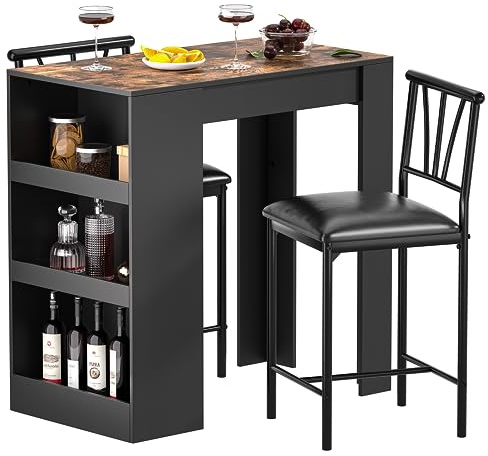 VECELO Small Bar Table and Chairs Tall Kitchen Breakfast Nook with Stools/Dining Set for 2, Storage Shelves, Space-Saving, Retro