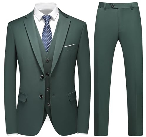 KUDMOL - Set de traje para hombre - Traje de corte ajustado para negocios y bodas con chaqueta, chaleco y pantalón - Traje de esmoquin de dos botones para hombres, verde oscuro, M