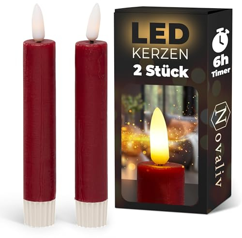 Novaliv Stabkerzen LED mit Timer ROT 2er Indoor mit Timer Funktion 6 Stunden ECHTWACHS 15cm Höhe für Kerzen 2,2cm Durchmesser 2 AAA Batterien LED Stabkerzen flackernde Flamme bewegliche Flamme