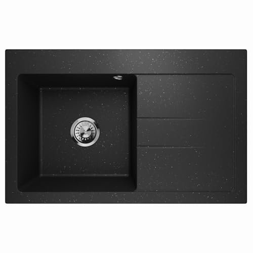 Lavello Luxor 1.0 Évier encastrable avec égouttoir et siphon en granit, noir métallisé, à droite
